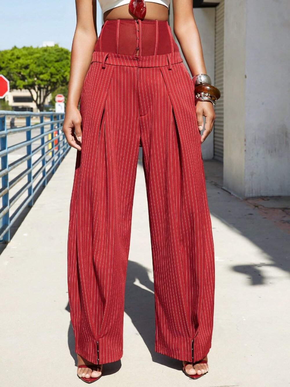 Red and White Casual Women's Corset Style Trousers with Pockets - Picture 6 of 7